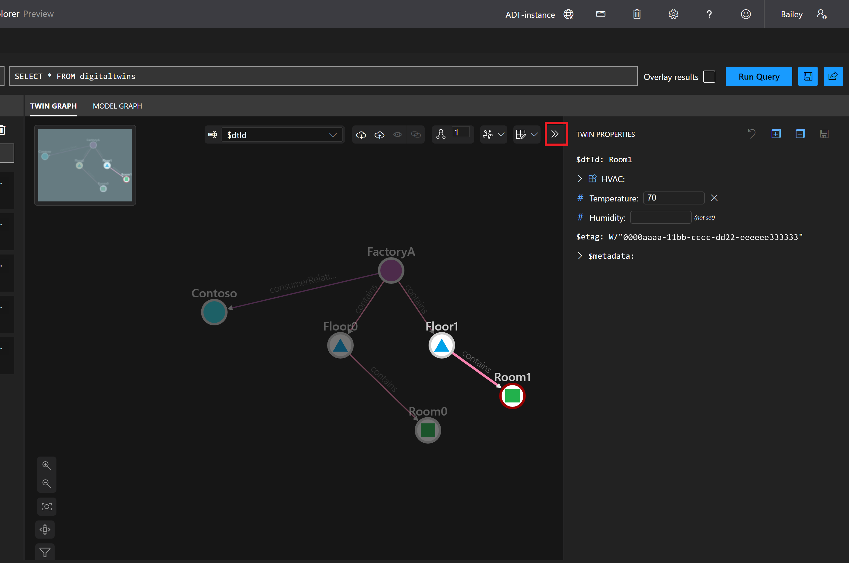 Schermopname van het deelvenster Azure Digital Twins Explorer Twin Graph. De FactoryA-dubbel is geselecteerd en het deelvenster Dubbeleigenschappen is uitgevouwen, met de eigenschappen van de dubbel.