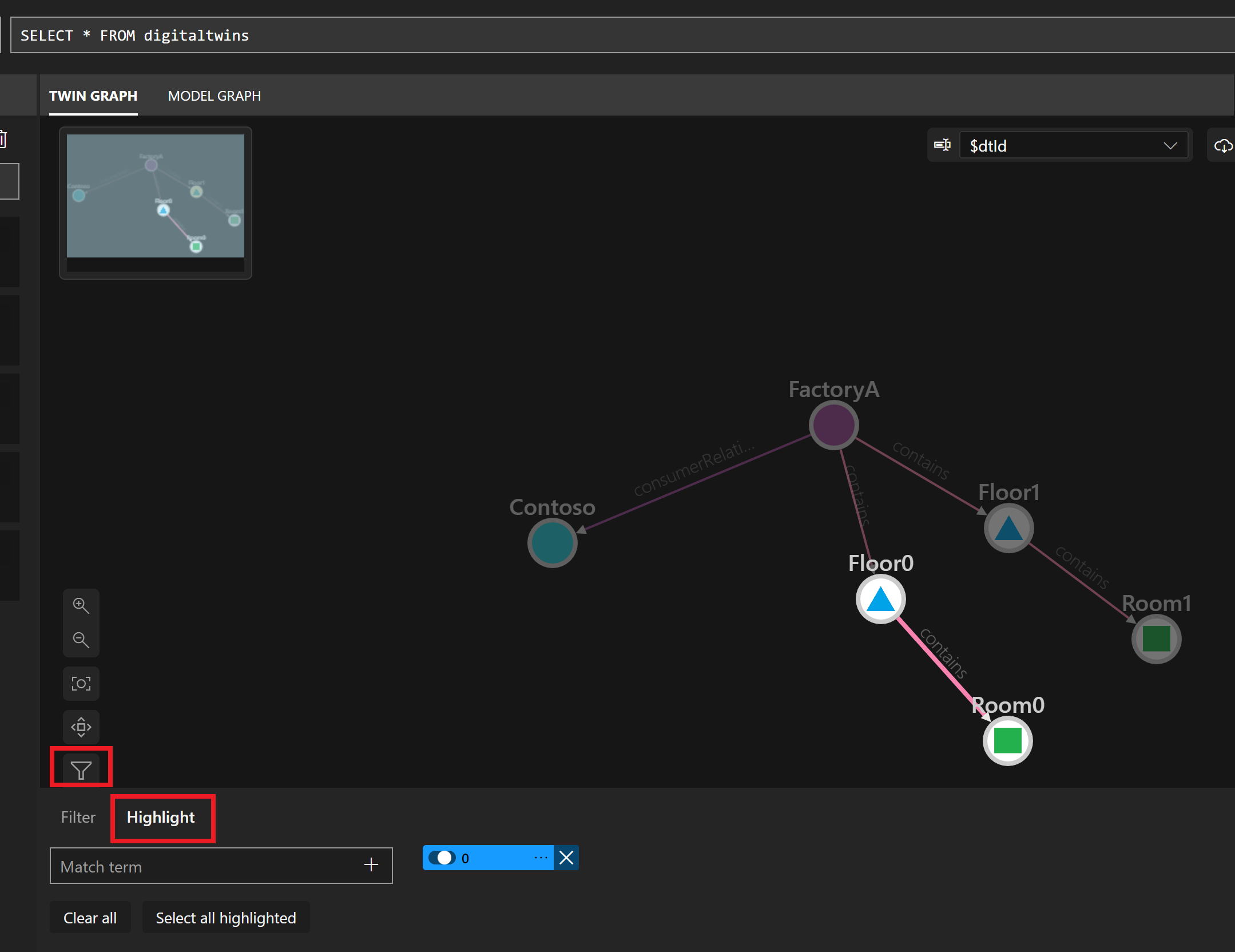 Schermopname van het deelvenster Azure Digital Twins Explorer Twin Graph. Het pictogram tekstfilter is geselecteerd, met het tabblad Markeren, waar u een zoekterm kunt invoeren.