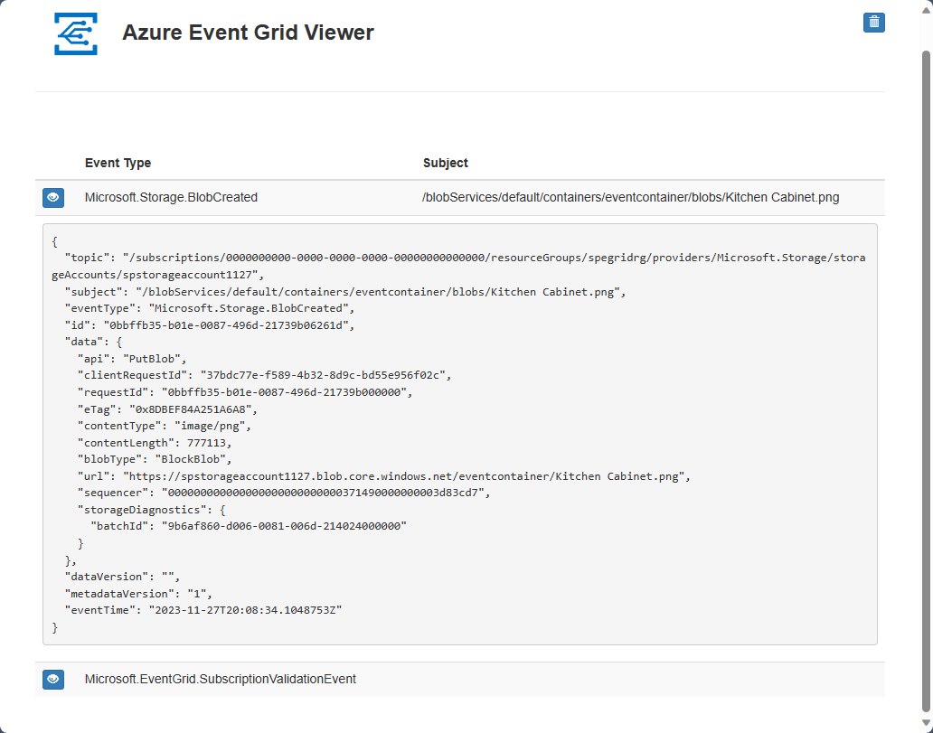 Screenshot showing the Event Grid Viewer page with the Blob Created event.