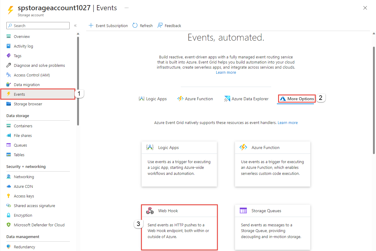 Screenshot showing the selection of Web Hook on the Events page.