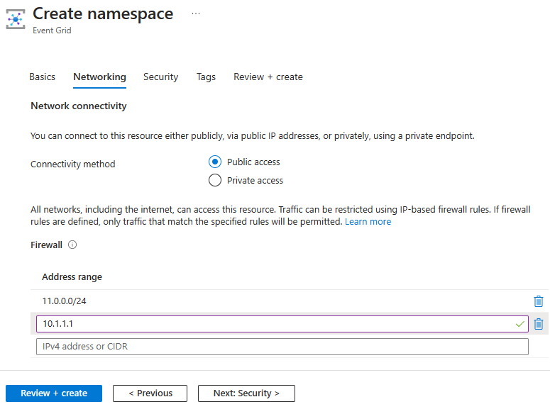 Screenshot that shows IP firewall settings on the Networking page of the Create namespace wizard.