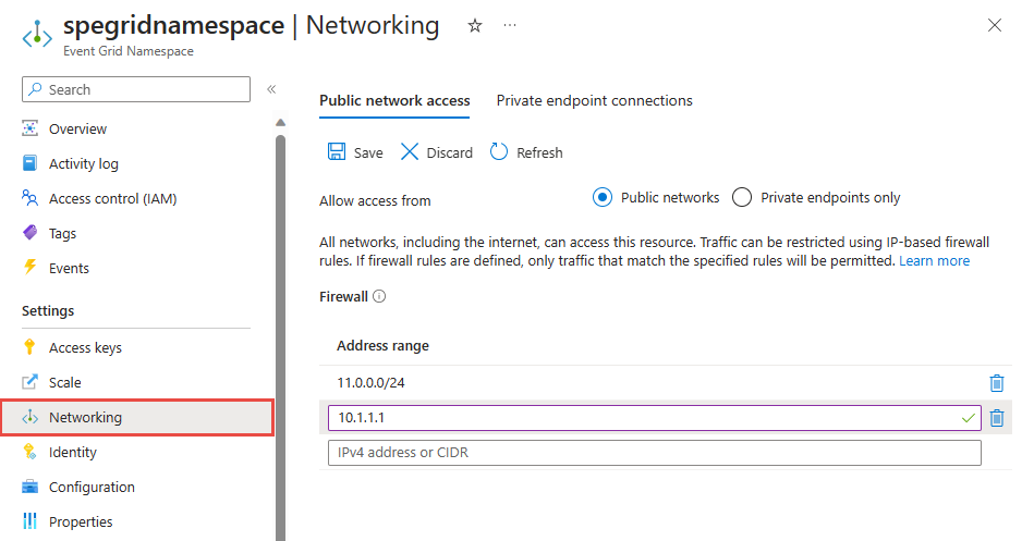 Screenshot that shows IP firewall settings on the Networking page of an existing namespace.