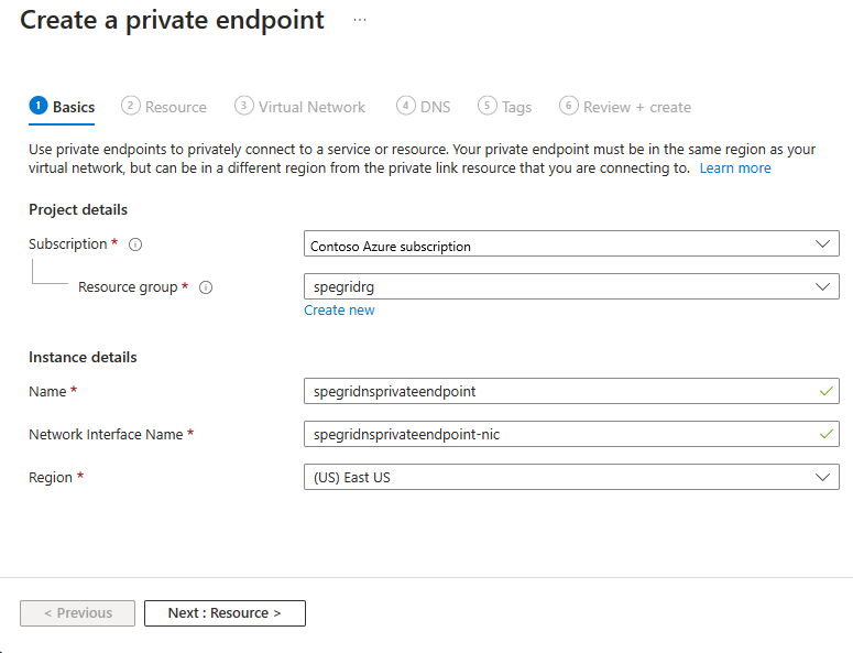 Screenshot showing the Basics page of the Create a private endpoint wizard.