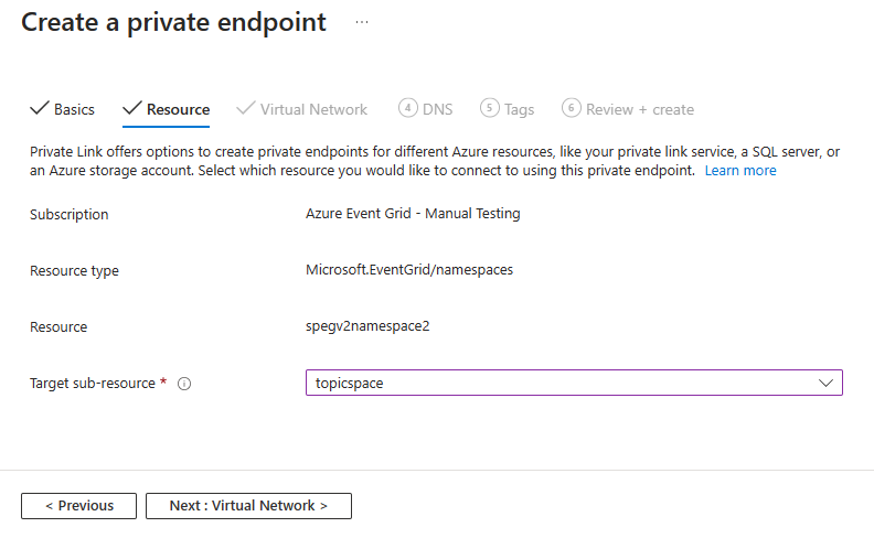 Screenshot showing the Resource page of the Create a private endpoint wizard.