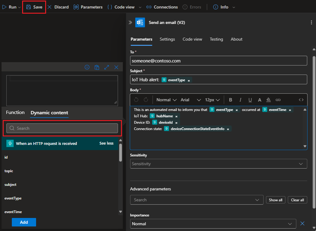 Schermopname van het maken van een gebeurtenis-e-mail in de sjabloon.