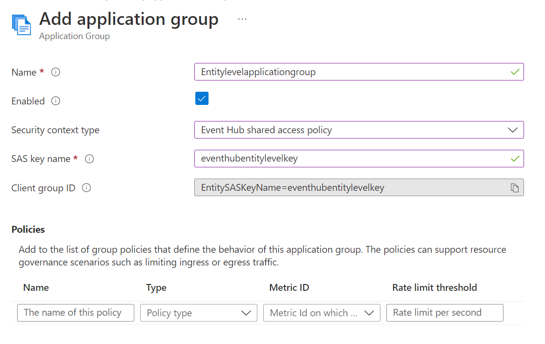 Schermopname van de pagina Toepassingsgroep toevoegen met de optie Gedeeld toegangsbeleid voor Event Hub geselecteerd.