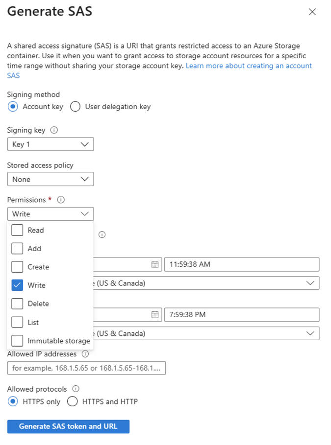 Schermopname van de pagina 'SAS genereren' waarop de sectie 'Machtigingen' te zien is, met 'Schrijfmachtiging' geselecteerd en 'Leesmachtiging' uitgeschakeld.
