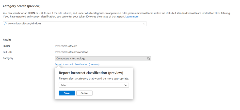 Dialoogvenster Rapport van firewallcategorie