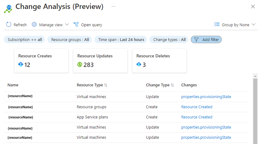 Schermopname van de Azure Resource Graph Change Analysis-resources.