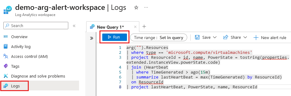 Screenshot of the Log Analytics workspace with a cross query of the Resources and Heartbeat tables that highlights logs and run button.
