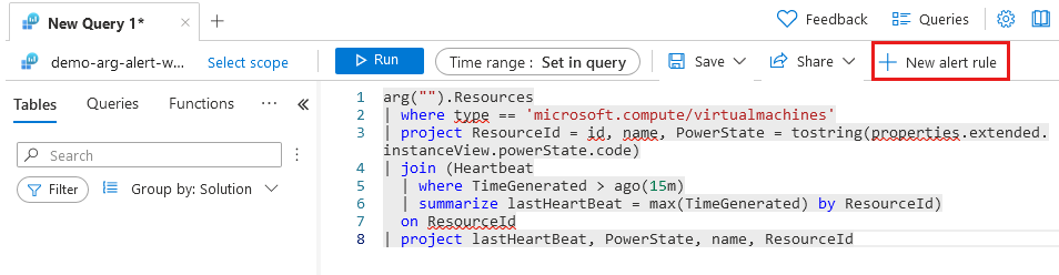 Screenshot of the Log Analytics workspace that shows a cross-query and highlights new alert rule.