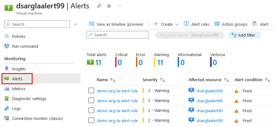 Screenshot of the virtual machine monitoring alerts that shows list of alerts that fired.