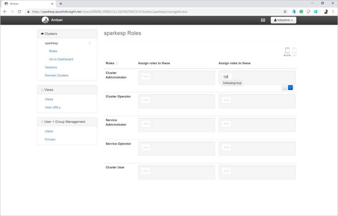 Assign the cluster admin role to hdiusergroup.