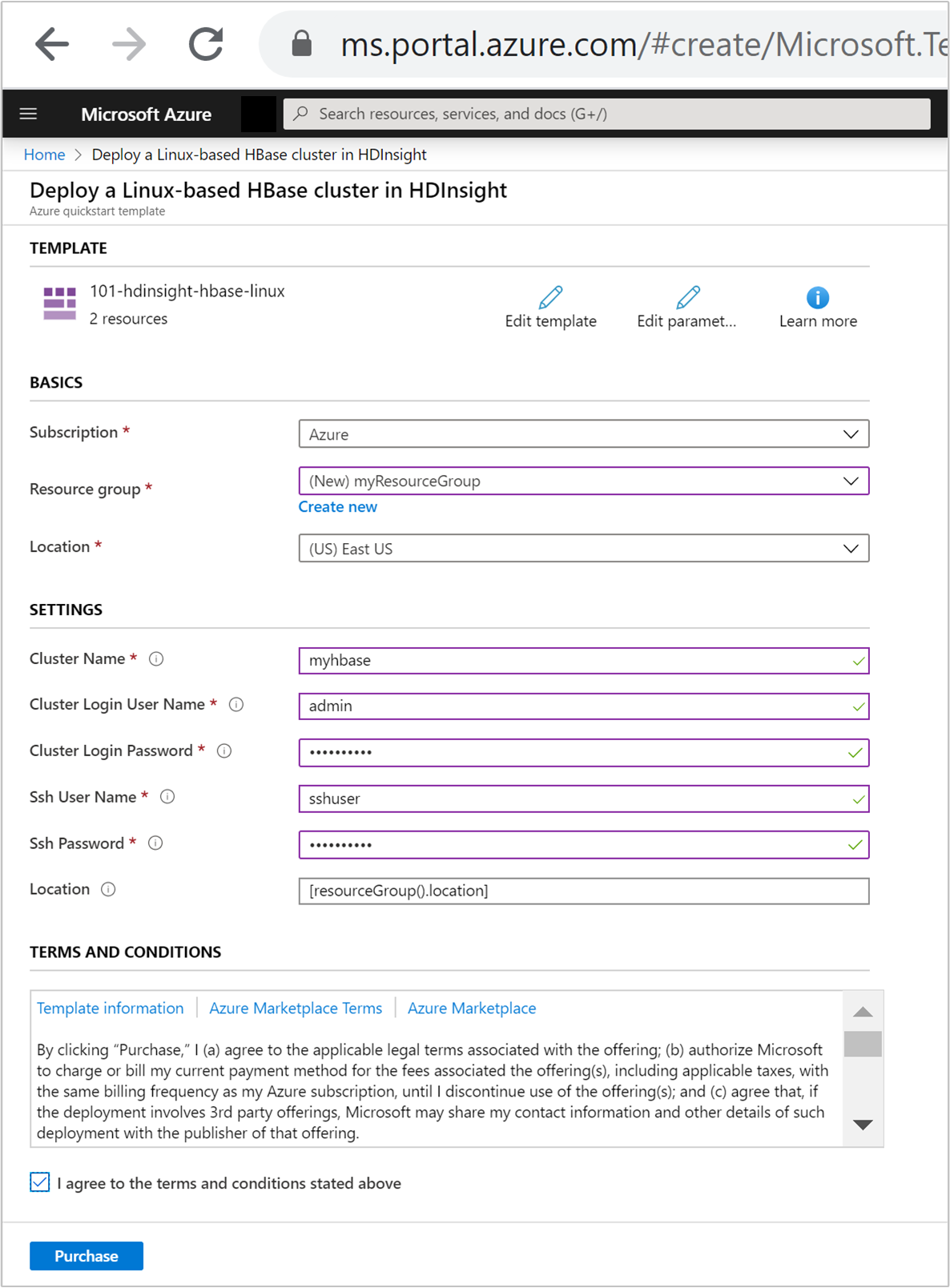 Resource Manager-sjabloon HBase implementeren.