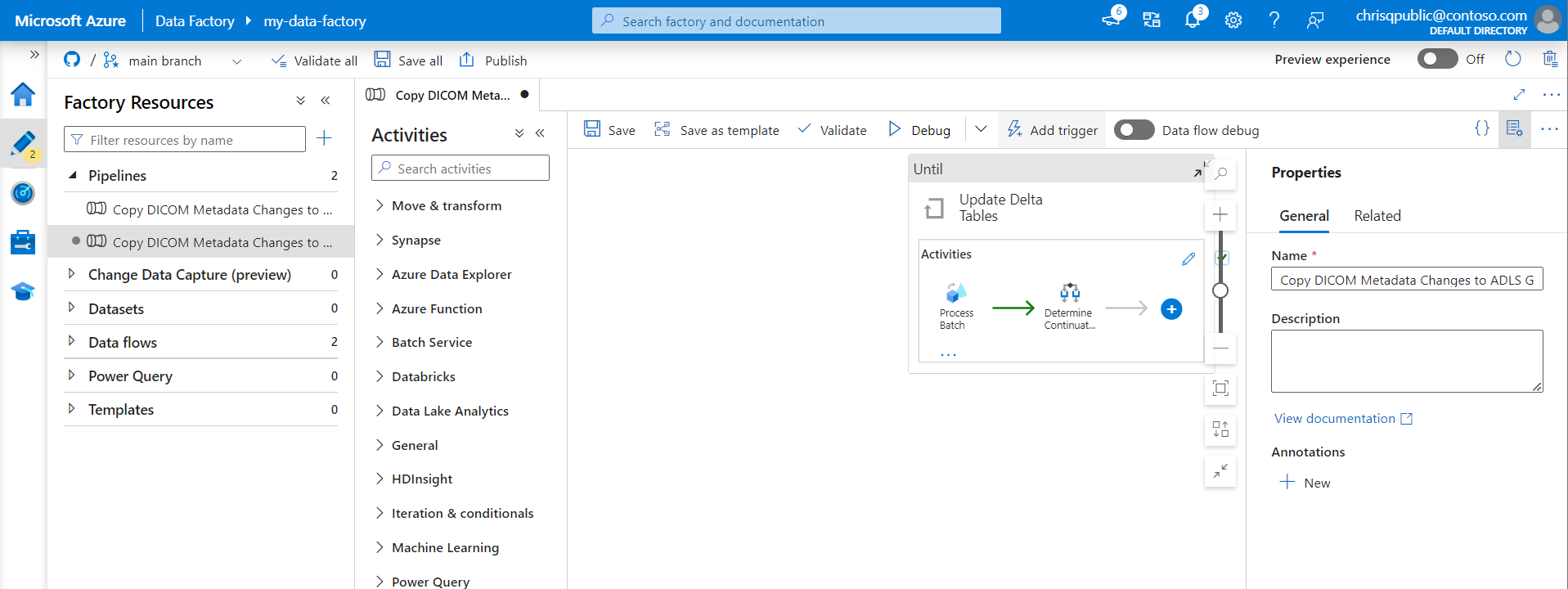 Schermopname van de pijplijnweergave van Data Factory Studio met de knop Trigger toevoegen op de menubalk geselecteerd.