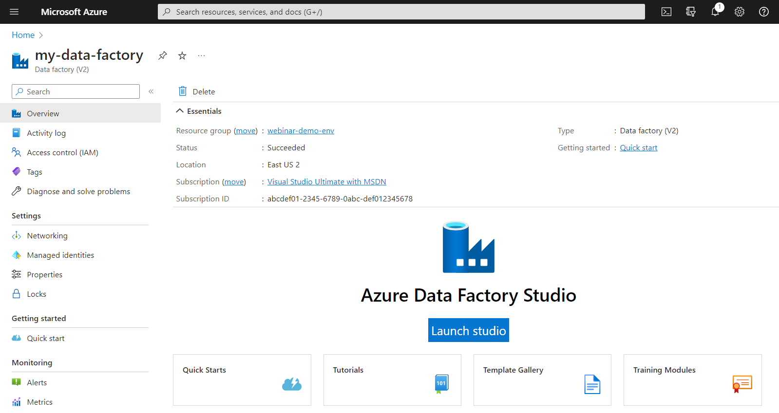 Schermopname van de knop Studio starten in Azure Portal.