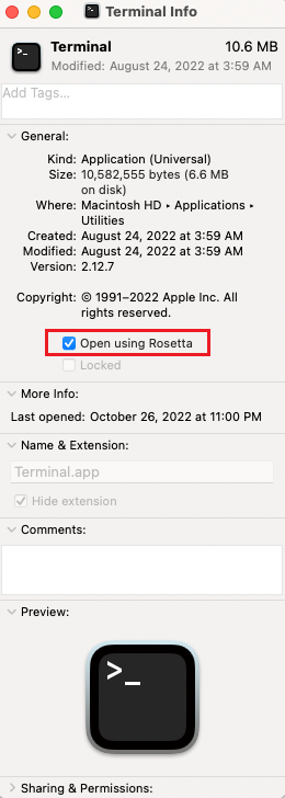 Schermopname van de terminal die is geconfigureerd voor openen met Rosetta