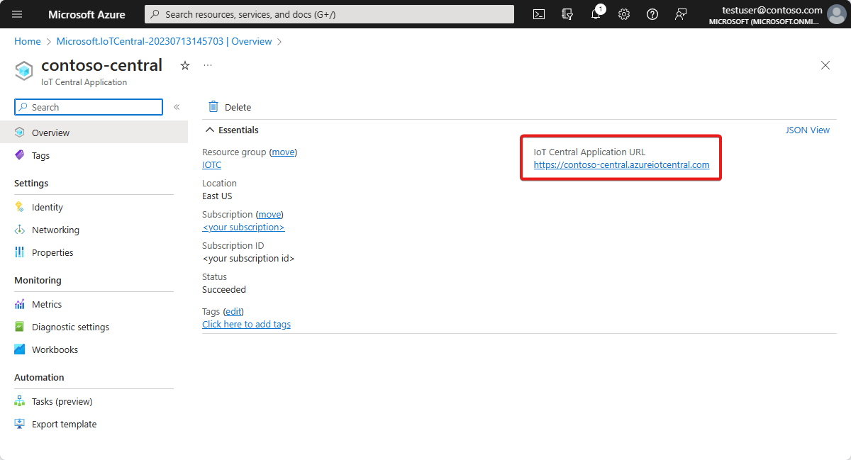 Schermopname van de IoT Central-toepassingsresource in Azure Portal. De URL van de toepassing is gemarkeerd.