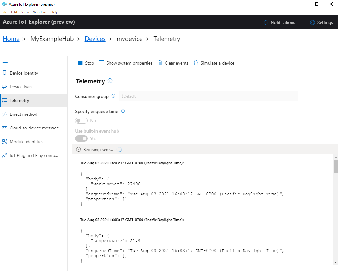 Schermopname van apparaattelemetrie in IoT Explorer