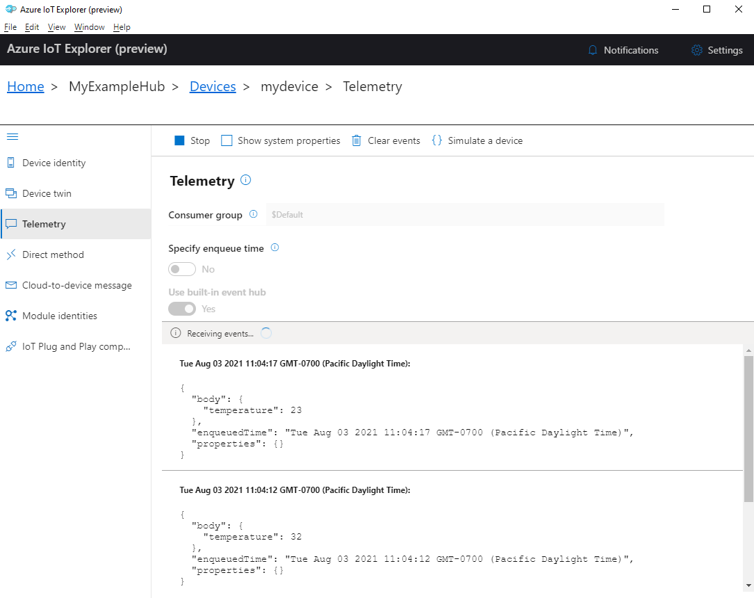 Schermopname van apparaattelemetrie in IoT Explorer