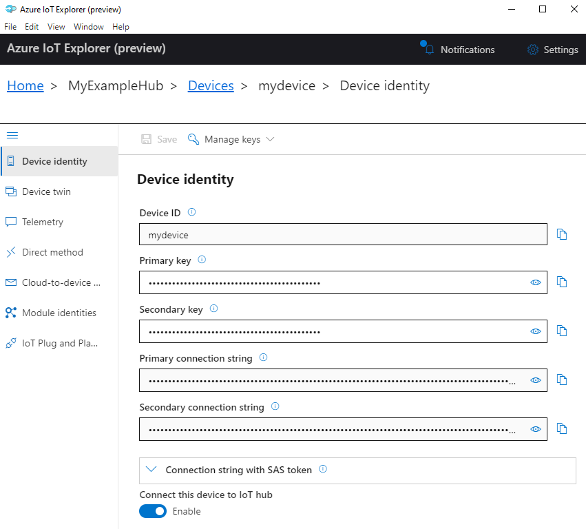 Schermopname van azure IoT Explorer-apparaat-id