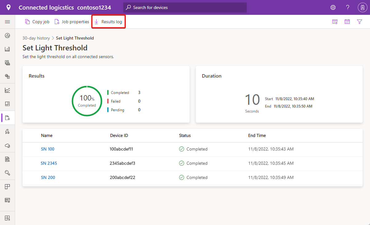 Screenshot that shows the device status in IoT Central.