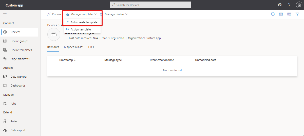 Schermopname van onbewerkte gegevens van niet-toegewezen apparaat.