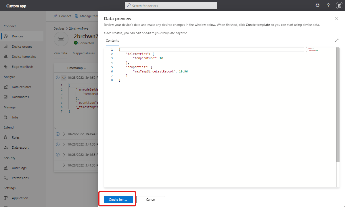 Schermopname van een wijziging in de voorbeeldweergave van gegevens waarmee u gegevens kunt bewerken die door IoT Central worden gebruikt om de apparaatsjabloon te genereren.