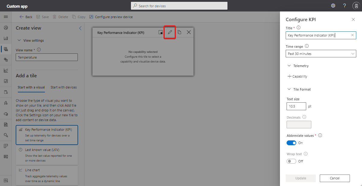 Schermopname van het configureren van een tegel.