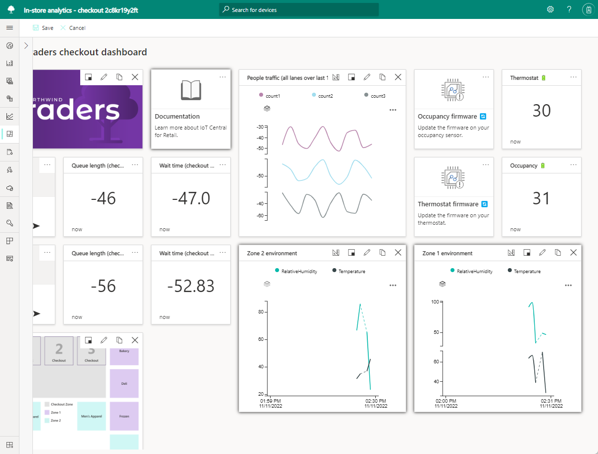 Schermopname die de RuuviTag-tegels van het dashboard van de in-store analytics applicatie toont.