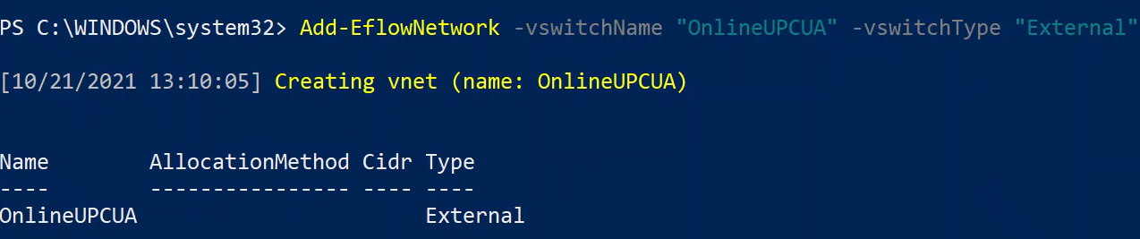 Schermopname van een geslaagde creatie van het externe netwerk met de naam OnlineOPCUA.