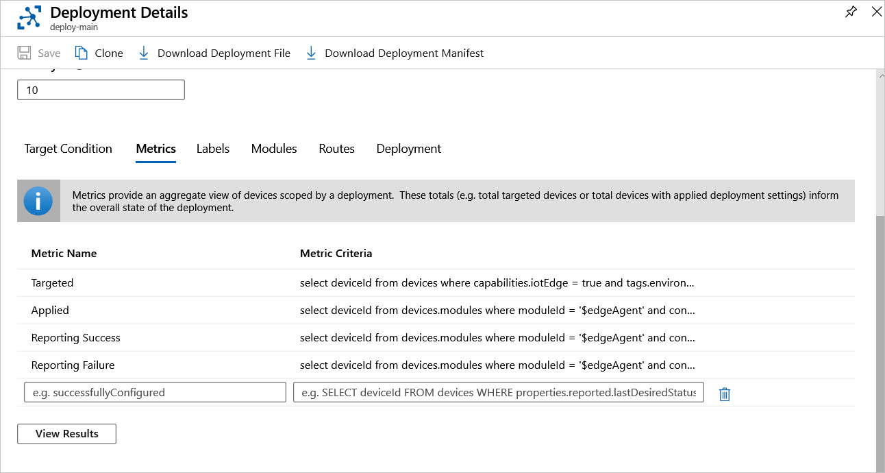 Screenshot showing how to edit custom metrics in a deployment.