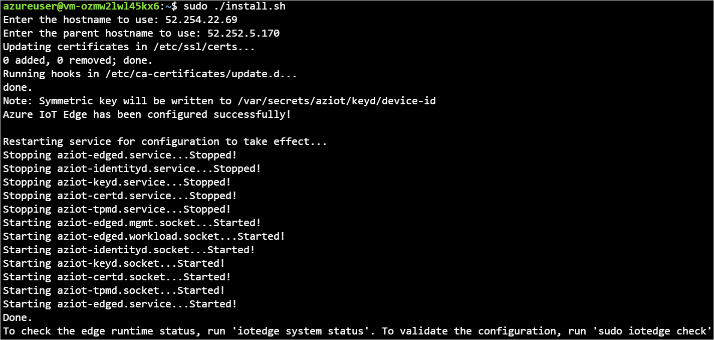 Het installeren van de configuratiepakketten werkt de config.toml-bestanden op uw apparaat bij en start automatisch alle IoT Edge-diensten opnieuw