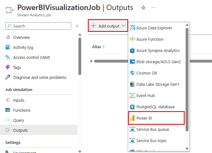 Screenshot that shows selecting Power BI from the add output menu.