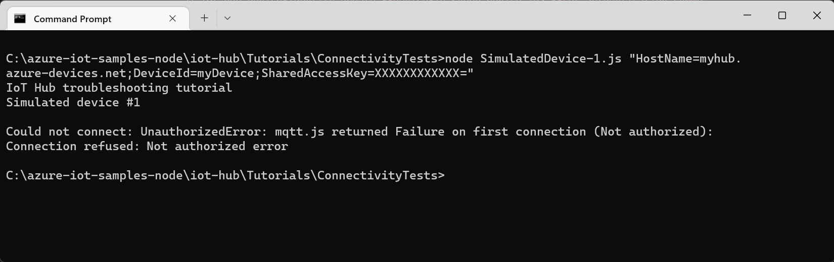 Schermopname van het mislukken van de verbinding na het opnieuw instellen van de sleutel.