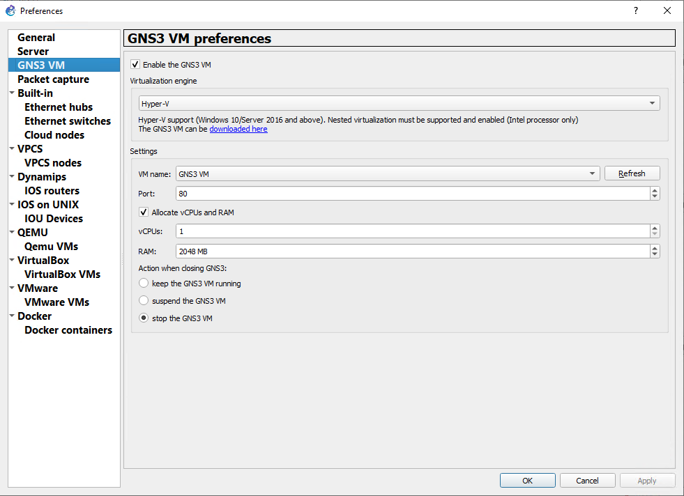 Schermopname van de pagina met GNS3 VM-voorkeuren, met de optie GNS3 VM ingeschakeld en Hyper-V geselecteerd.