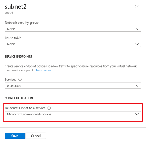 Schermopname van de pagina met subneteigenschappen in Azure Portal, waarin het subnet Delegeren naar een service-instelling wordt gemarkeerd.