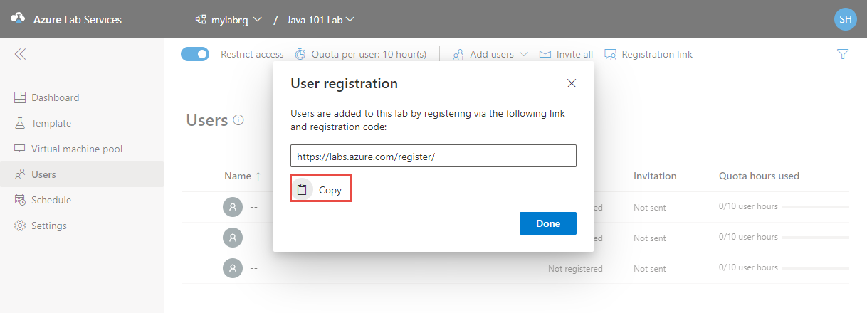 Schermopname van het venster Gebruikersregistratie op de Website van Azure Lab Services.