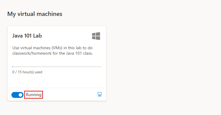 Schermopname van de pagina Mijn virtuele machines voor Azure Lab Services, met het statuslabel op de VM-tegel gemarkeerd.