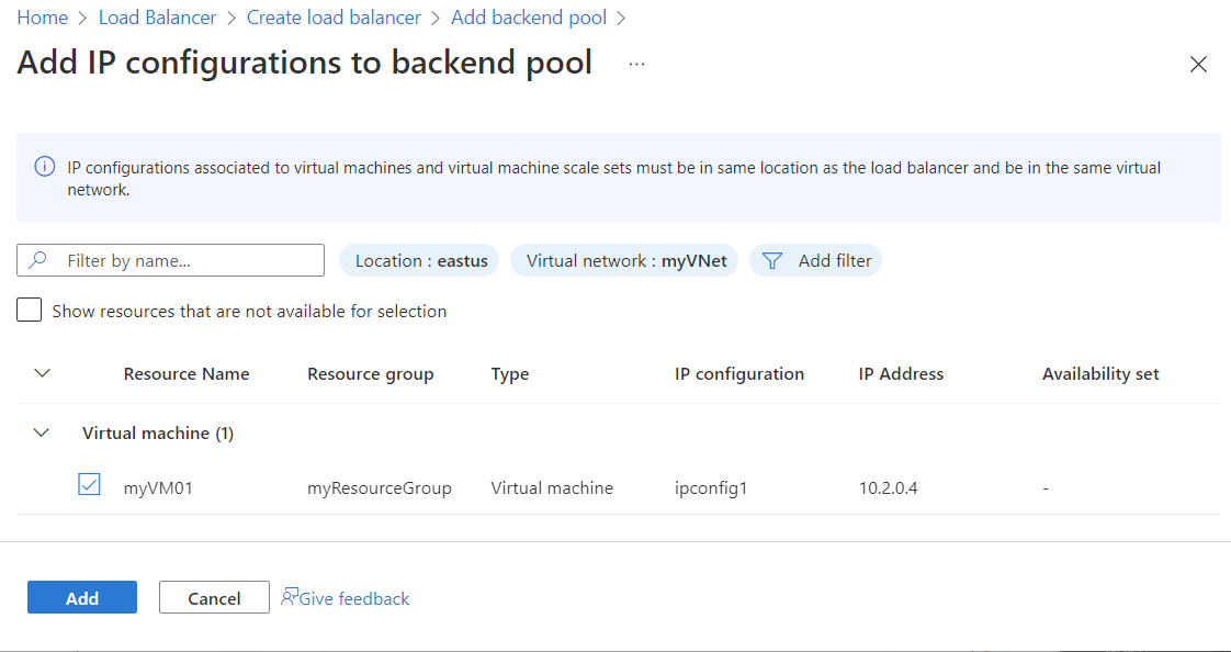 Schermopname van de pagina IP-configuraties toevoegen aan de back-endpool, waarbij de virtuele machine is geselecteerd als resource.