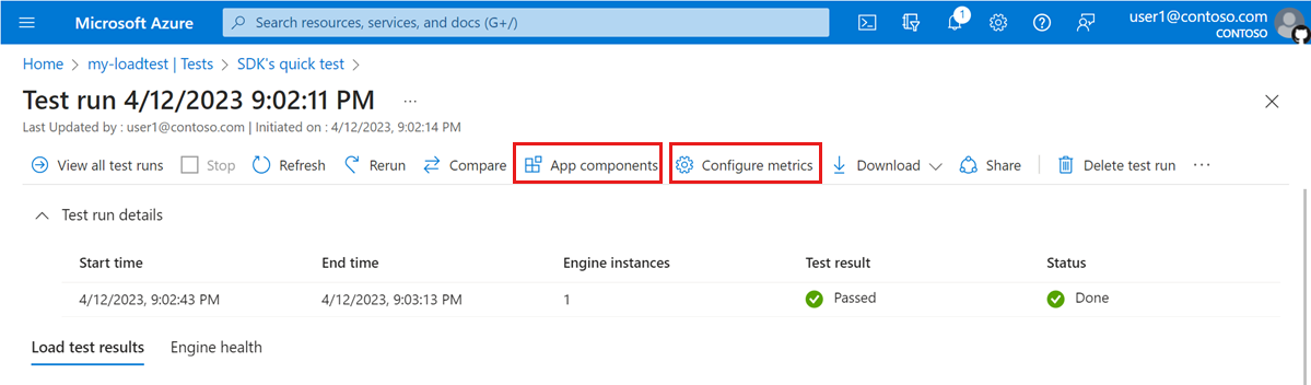 Screenshot that shows how to configure app components and resource metrics for a test run in the Azure portal.