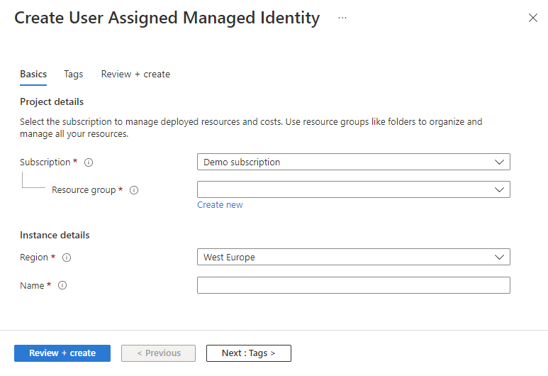 Screenshot that shows how to create a user-assigned managed identity in the Azure portal.