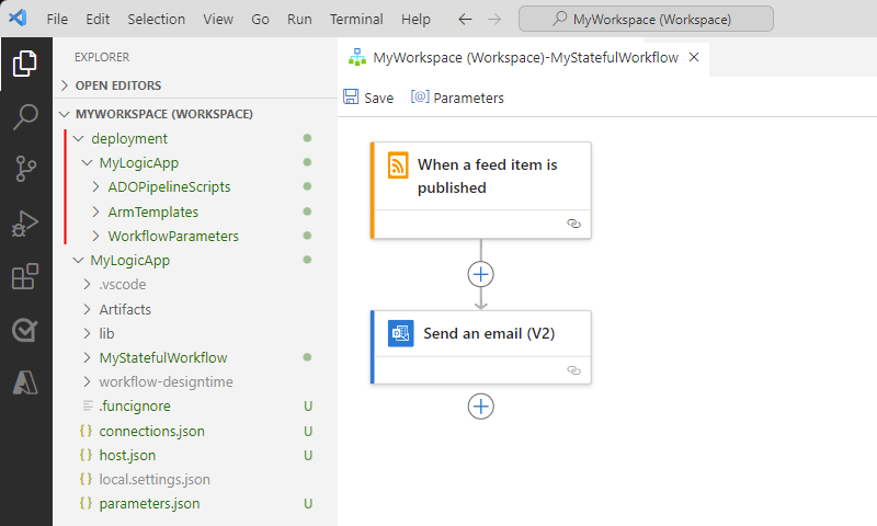 Schermopname van Visual Studio Code, explorer-pictogram geselecteerd in het linkermenu, het logische app-project en de gemarkeerde map met implementatiescripts met inhoud.