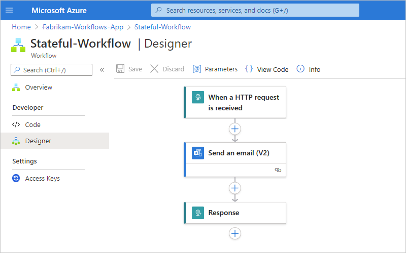 Schermopname van de werkstroomontwerper en de werkstroom die zijn geïmplementeerd vanuit Visual Studio Code.
