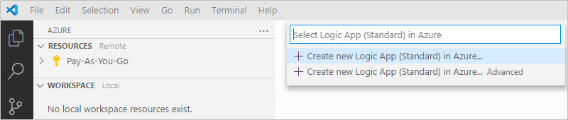Schermopname van het deelvenster 'Azure: Logic Apps (Standard)' met een lijst met 'Create new Logic App (Standard) in Azure' geselecteerd.