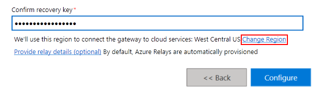 Schermopname van het gedeeltelijke gateway-installatieprogramma. Naast de gateway-cloudserviceregio is de optie Regio wijzigen gemarkeerd.