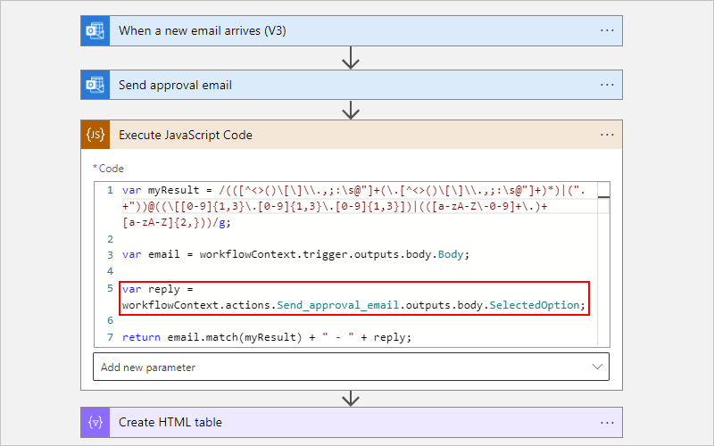 Schermopname van de werkstroom Verbruik en de actie JavaScript-code uitvoeren met een bijgewerkt voorbeeldcodefragment.