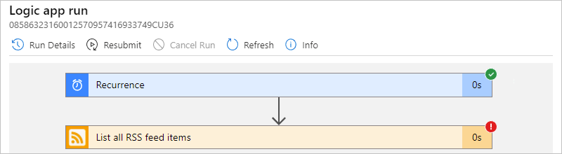 Schermopname van de werkstroom van de logische app Verbruik met mislukte stap geselecteerd.