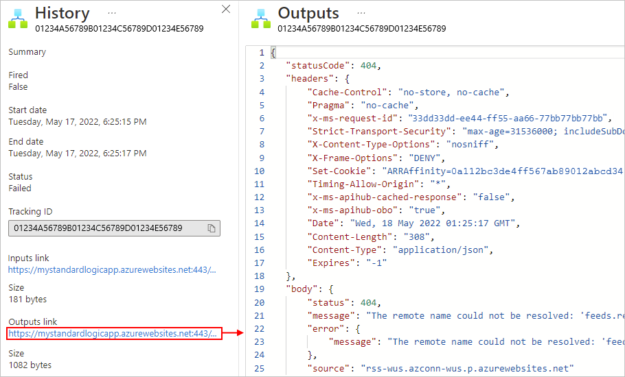 Screenshot shows Standard workflow trigger outputs.