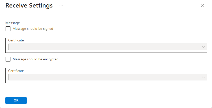 Schermopname van het deelvenster Instellingen ontvangen met opties voor het ondertekenen en versleutelen van berichten en het invoeren van certificaten.